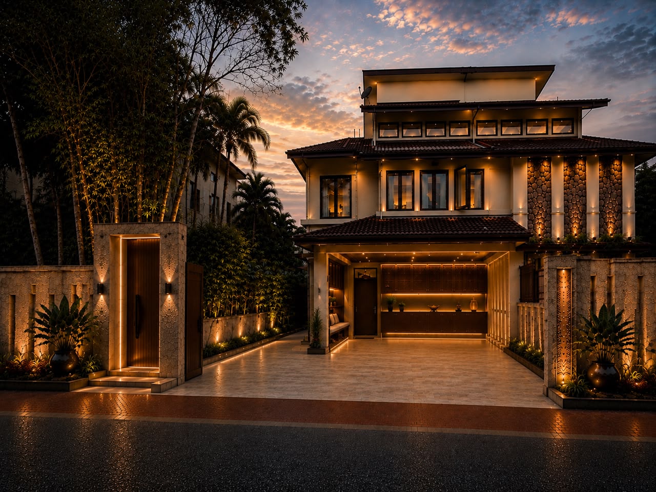 Completed EE Renovation residential project with an illuminated house exterior and driveway at dusk